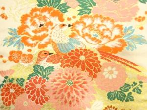 アンティーク　菊・牡丹に雉模様織り出し名古屋帯